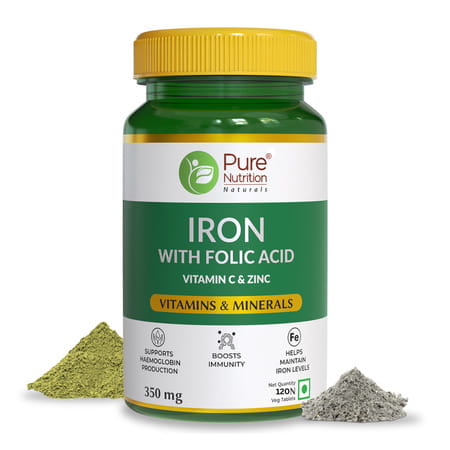 Pure Nutrition Iron Folic Acid Supplement - 120 Veg Tablets With Zinc | Vitamin C & Vitamin B12