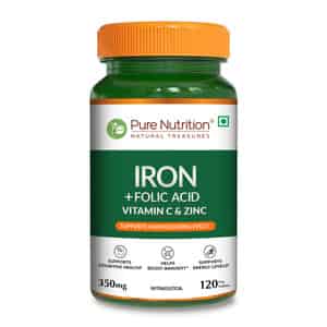 Pure Nutrition Iron Folic Acid Supplement - 120 Veg Tablets With Zinc | Vitamin C & Vitamin B12