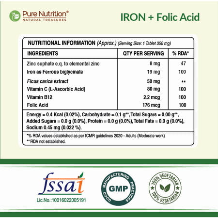 Pure Nutrition Iron Folic Acid Supplement - 120 Veg Tablets With Zinc | Vitamin C & Vitamin B12