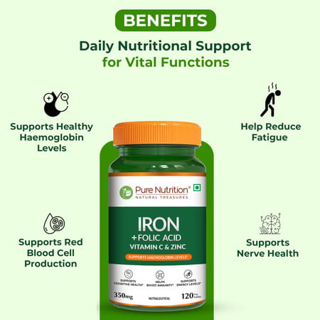 Pure Nutrition Iron Folic Acid Supplement - 120 Veg Tablets With Zinc | Vitamin C & Vitamin B12