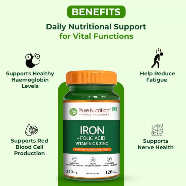 Pure Nutrition Iron Folic Acid Supplement - 120 Veg Tablets With Zinc | Vitamin C & Vitamin B12