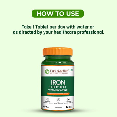 Pure Nutrition Iron Folic Acid Supplement - 120 Veg Tablets With Zinc | Vitamin C & Vitamin B12