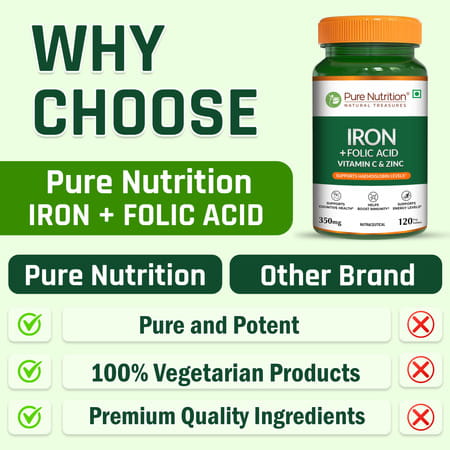 Pure Nutrition Iron Folic Acid Supplement - 120 Veg Tablets With Zinc | Vitamin C & Vitamin B12