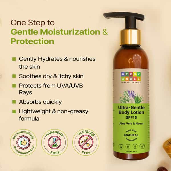 Herby Angel Ultra Gentle Baby Lotion With Spf 15 | Aloe Vera | Neem & Lavender Oil - 200Ml