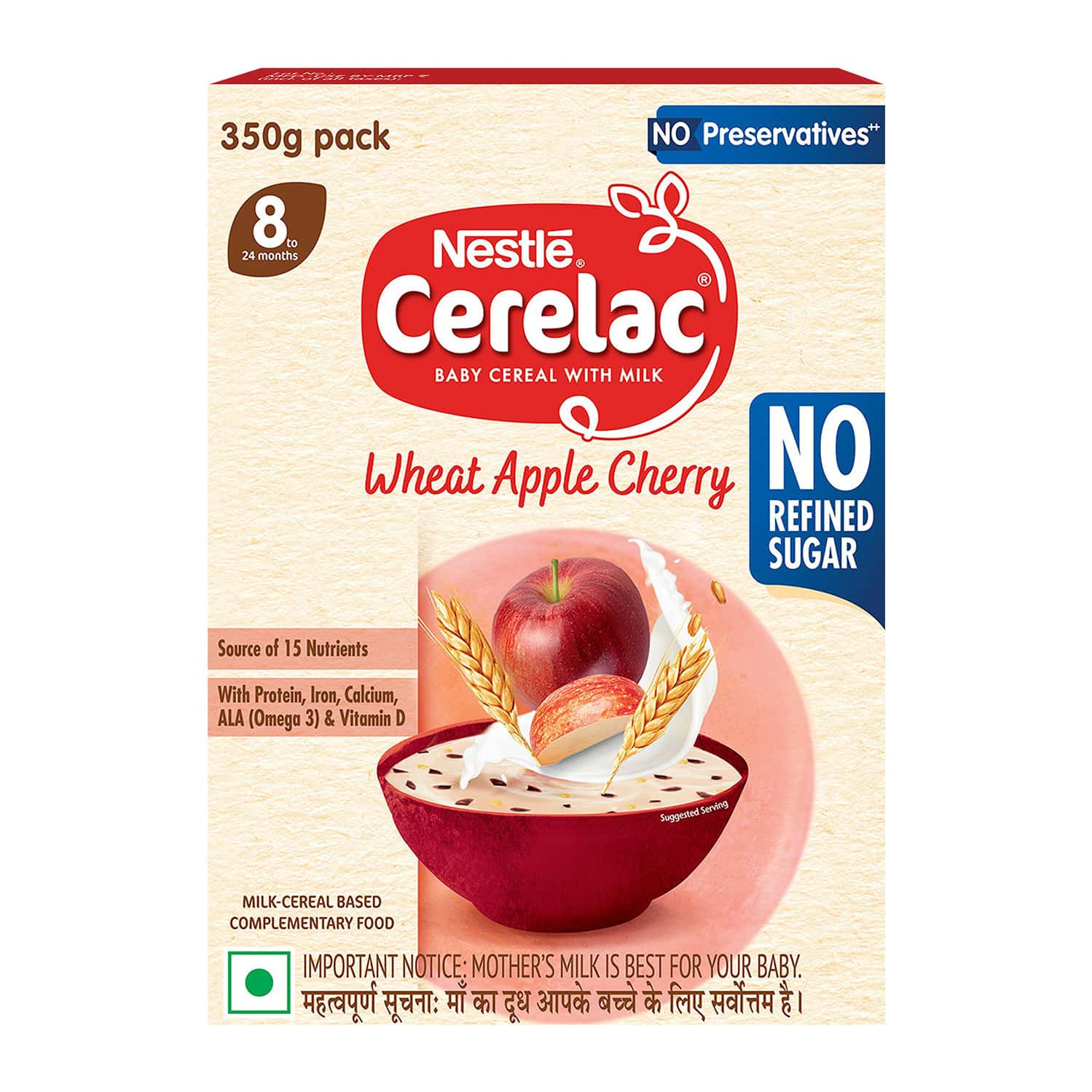 Nestle Cerelac Wheat Apple Cherry | No Refined Sugar & No Preservatives| 8 To 24 Months| 350 Gm