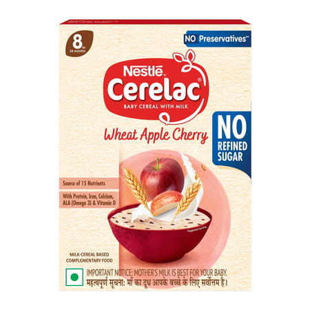 Nestle Cerelac Wheat Apple Cherry | No Refined Sugar & No Preservatives | 8 To 24 Months | 350 Gm