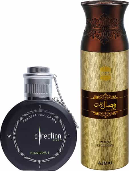 Maryaj Direction East Edp Spicy Perfume 100Ml For Men And Ajmal Wisal Dhahab Deodorant 200Ml For Men