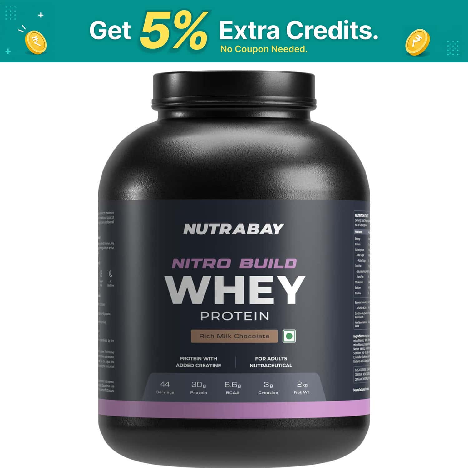 Nutrabay Pro Nitro Build Whey Protein - 2kg | Rich Milk Chocolate - 22 Servings | For Men And Women