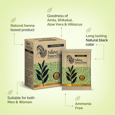 Nisha Nature Mate Henna Based Hair Colour Original Black 60g | No Ammonia/Resorcinol | 100% Coverage