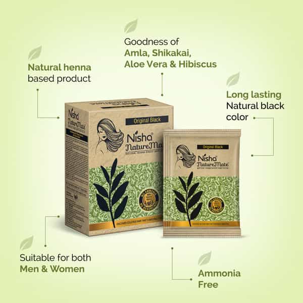 Nisha Nature Mate Henna Based Hair Colour Original Black 60G | No Ammonia/Resorcinol | 100% Coverage