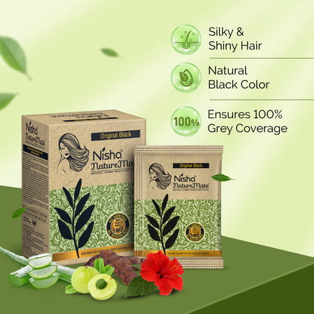 Nisha Nature Mate Henna Based Hair Colour Original Black 60g | No Ammonia/Resorcinol | 100% Coverage