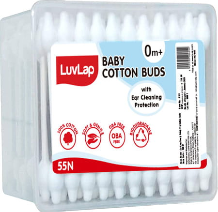 Luvlap Baby 100% Unbleached Cotton Buds Ear Drum Protection Stem Made Of Paper 55 Swabs