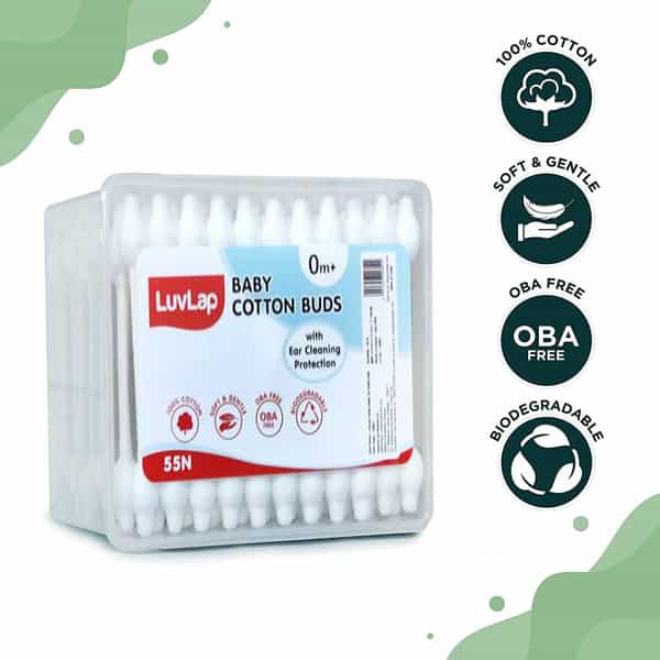 Luvlap Baby 100% Unbleached Cotton Buds Ear Drum Protection Stem Made Of Paper 55 Swabs