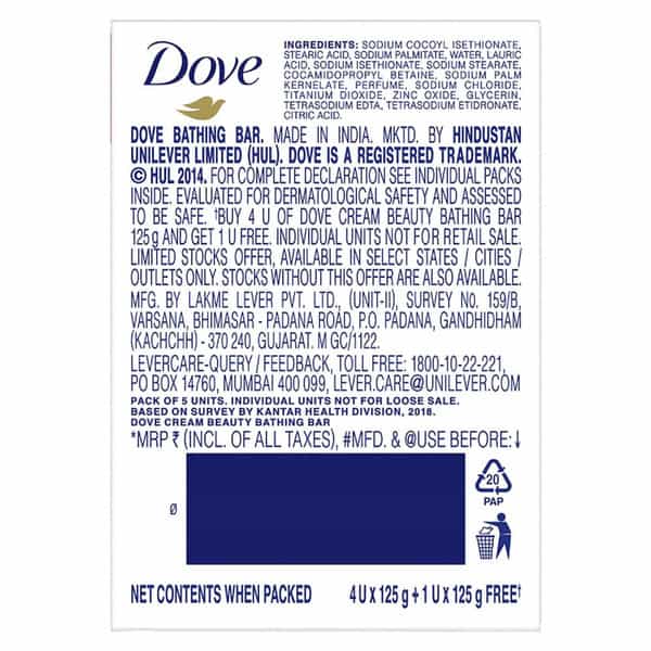 Dove Cream Beauty Bathing Bar 125 G (4+1 Free Combo) With Moisturising Cream For Softer Soap