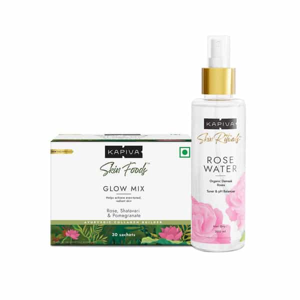 Kapiva Skin Foods Glow Powder 30 Sachets & Rose Water 200 Ml | For Glowing Skin Inside Out