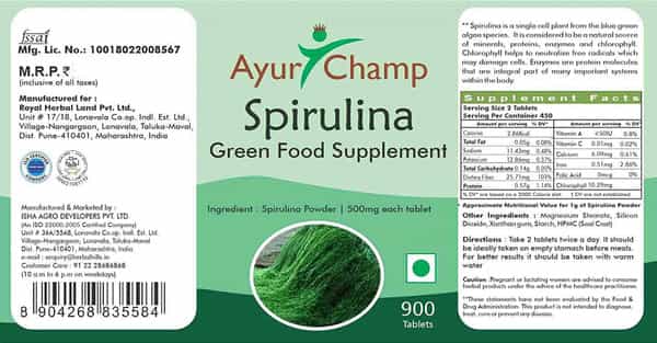 Ayur Champ - Pack Of 2 -Spirulina Tablets Green Food Supplement 500Mg- 900 Tablets Value Pack
