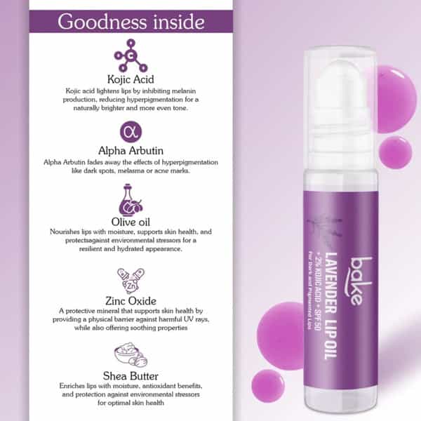 Bake Lavender Lip Oil With 2% Kojic Acid & Spf 50 For Dark & Pigmented Lips - 15G