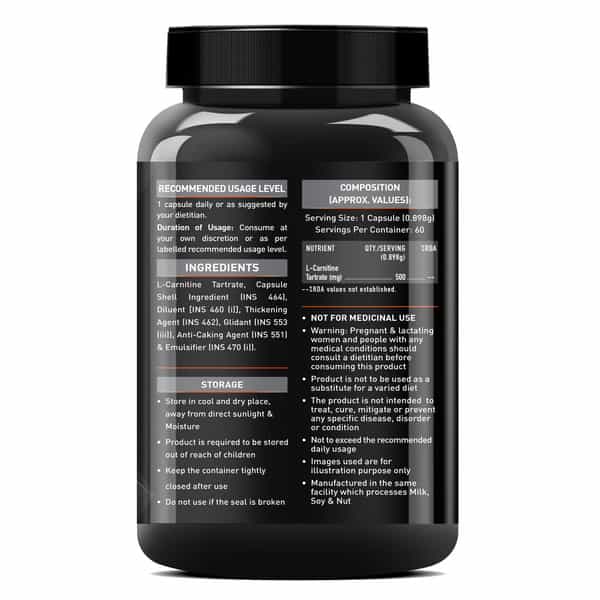 Muscleblaze L-Carnitine L-Tartrate (Unflavoured | 60 Capsules) | 500Mg L-Carnitine