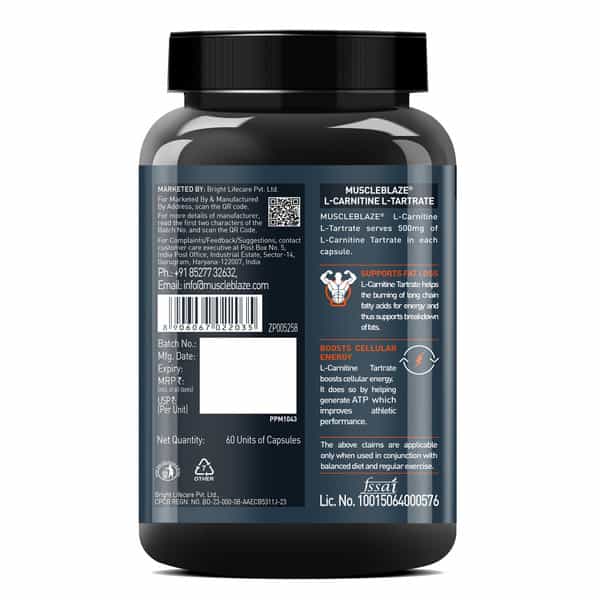 Muscleblaze L-Carnitine L-Tartrate (Unflavoured | 60 Capsules) | 500Mg L-Carnitine