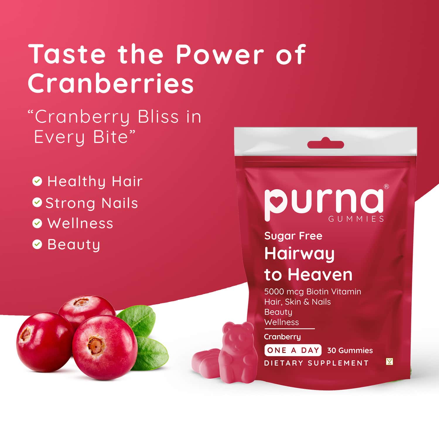 Buy PURNA GUMMIES BIOTIN CRANBERRY SUGAR FREE GUMMIES FOR ADULTS & KIDS