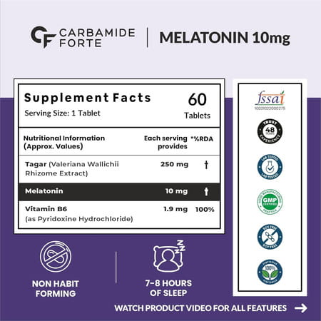 Carbamide Forte Melatonin 10mg With Tagar 250mg & Vitamin B6 - 60 Veg Tablets