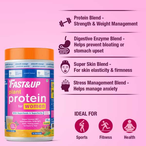 Fast&Up Plant Protein And Superfood For Women - Hormonal Balance - Skin | Hair - Mango- 450Gms