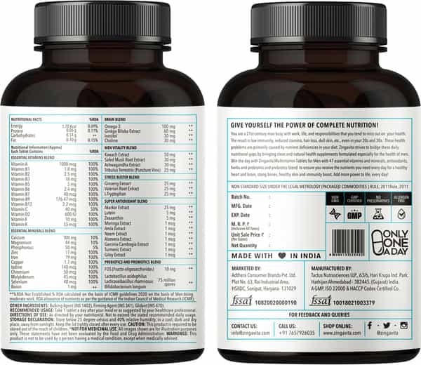 Zingavita Multivitamin Tablets For Men With Vitamins & Omega-3 - 120 Tablets Bottle