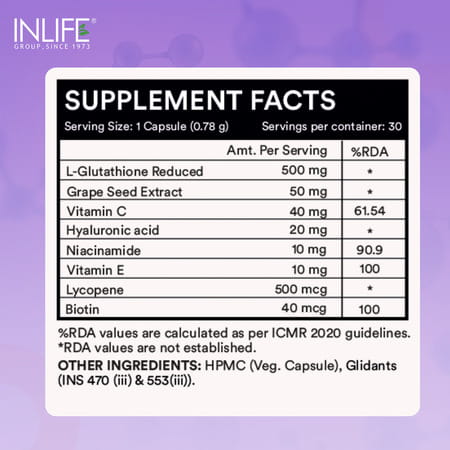 Inlife L Glutathione Reduced Supplement Vitamin C Milk Thistle- Skin Whitening 1000mg -30veg Caps