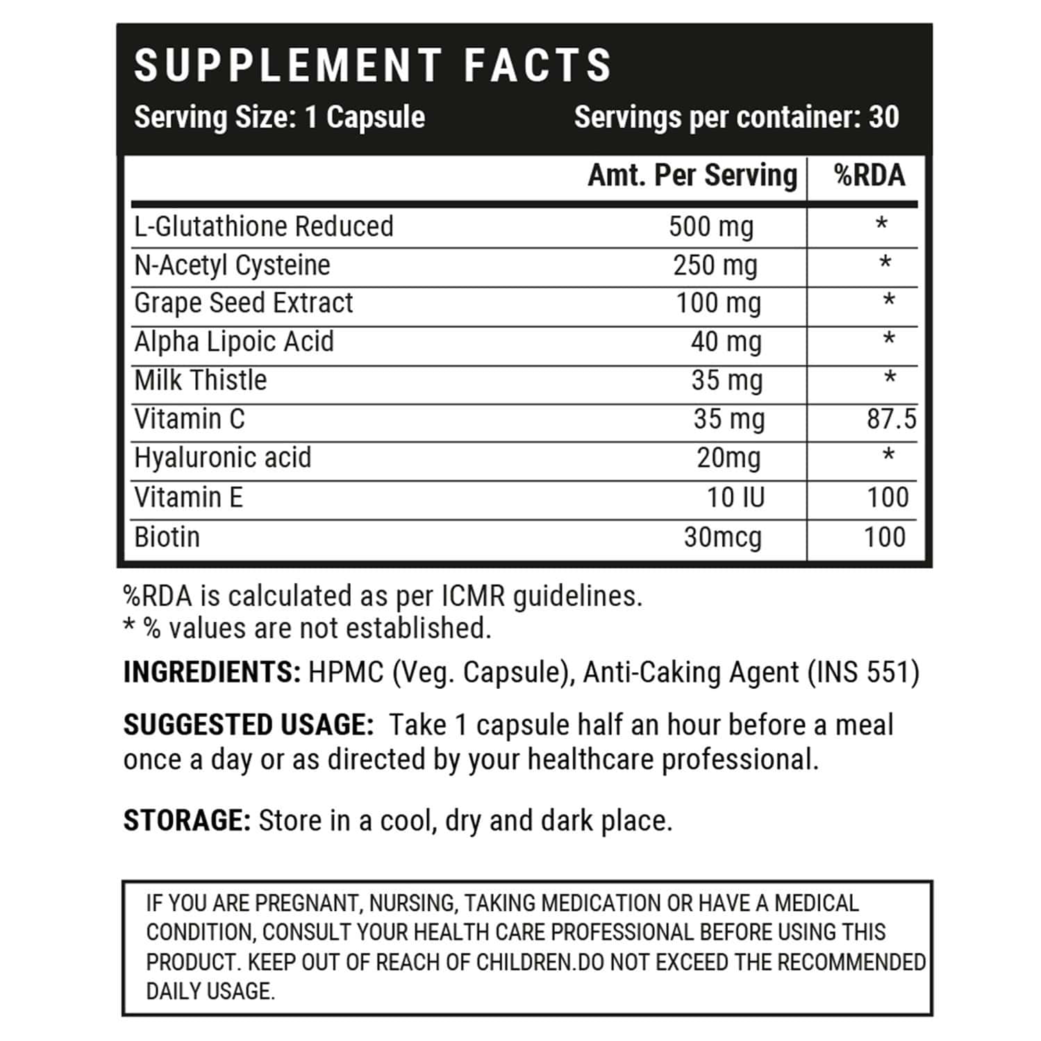 Buy INLIFE L GLUTATHIONE REDUCED SUPPLEMENT VITAMIN C MILK THISTLE SKIN WHITENING 1000MG 30VEG