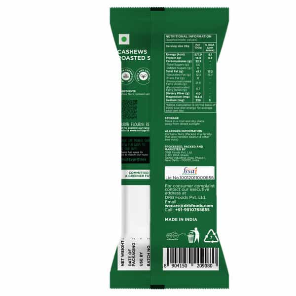 Nutty Gritties Cashews Roasted Lightly Salted - 240G (Pack 6 X 40G Each)
