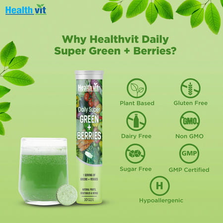 Healthvit Daily Super Green + Berries | Wholefood Multivitamin - 10 Effervescent Tablets