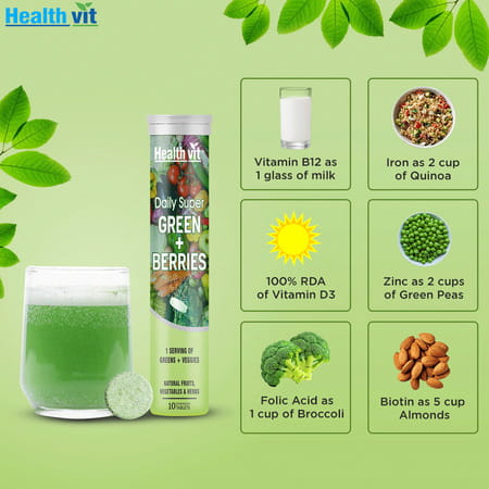 Healthvit Daily Super Green + Berries | Wholefood Multivitamin - 10 Effervescent Tablets