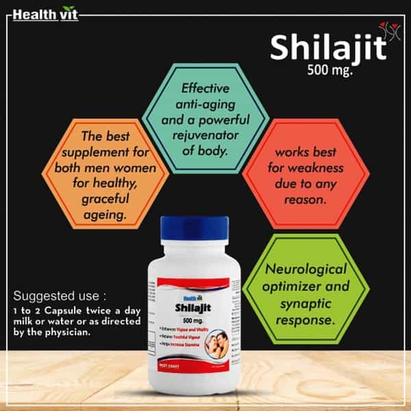 Healthvit Shilajit (Asphaltum Extract Powder) - Increase Vigor And Vitality -500 Mg -60 Capsules