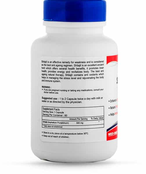 Healthvit Shilajit (Asphaltum Extract Powder) - Increase Vigor And Vitality -500 Mg -60 Capsules