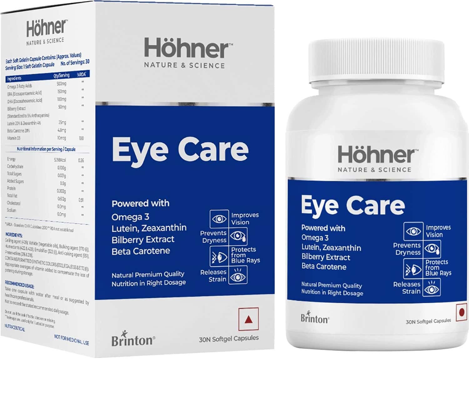 Hohner Eye Care With Lutein Zeaxanthin Omega 3 Bilberry Extract Beta Carotene- 30 Softgel Caps