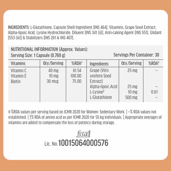 Hk Vitals Glutathione (30 Veg Capsules) | With Vitamin C & E | Biotin | For Skin Glow And Hydration