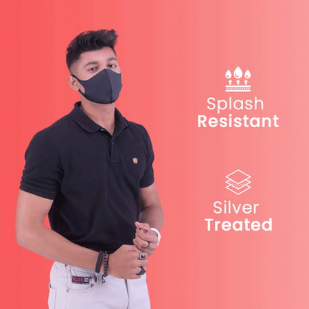 Frido Ultra Comfortable Midnight Black Unisex Face Mask|Silver+ Washable Large Size (Pack Of 1)
