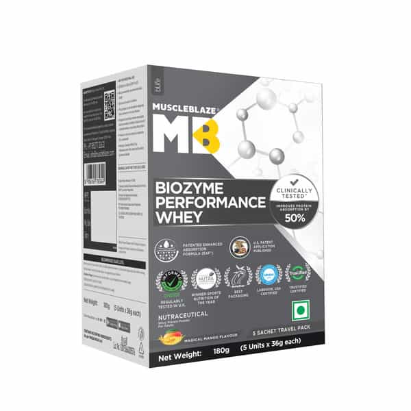Muscleblaze Biozyme Performance Whey Protein | 50% Higher Protein Absorption (Magical Mango | 5X36g)