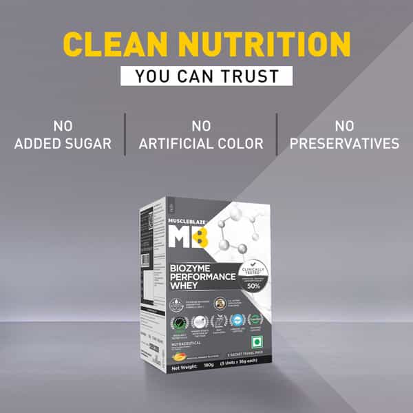 Muscleblaze Biozyme Performance Whey Protein | 50% Higher Protein Absorption (Magical Mango | 5X36g)