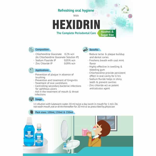 Hexidrin Cool Mint Alcohol Free Mouthwash|Removes 99.9 % Of Germs|Fresh Breath|Sugar (Blue | 150Ml)