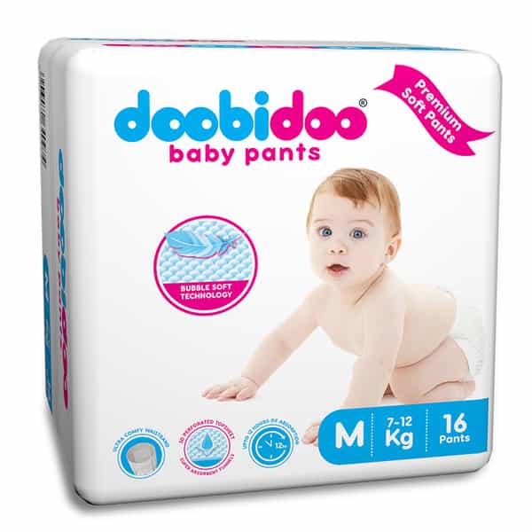 Doobidoo Baby Pants - Medium Size Diapers (16 Count) - With Anti Leak Side Cuffs (7-12 Kgs)