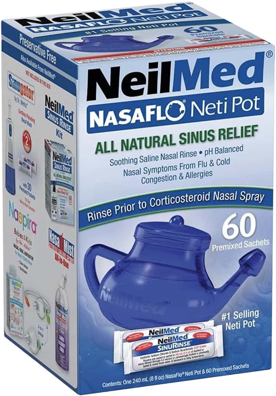 Neilmed Nasaflo Unbreakable Neti Pot With 50 Premixed Packets