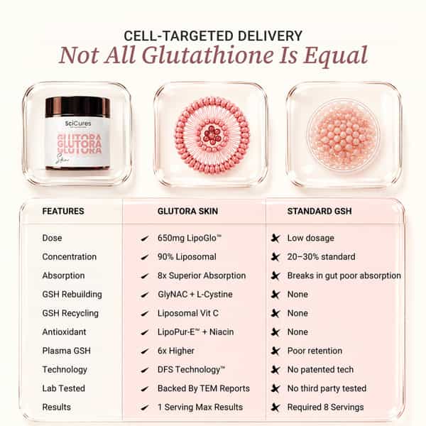 Glutora Skin Liposomal Glutathione 90 650Mg + Glynac|8X Absorption|Bright Skin Anti-Pigmentation 30N