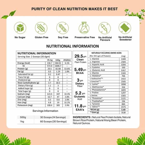 Vegan Greens Everyday All Natural Plant Protein. Clean Protein For Everyday Fitness 1 Kg, Unflavored