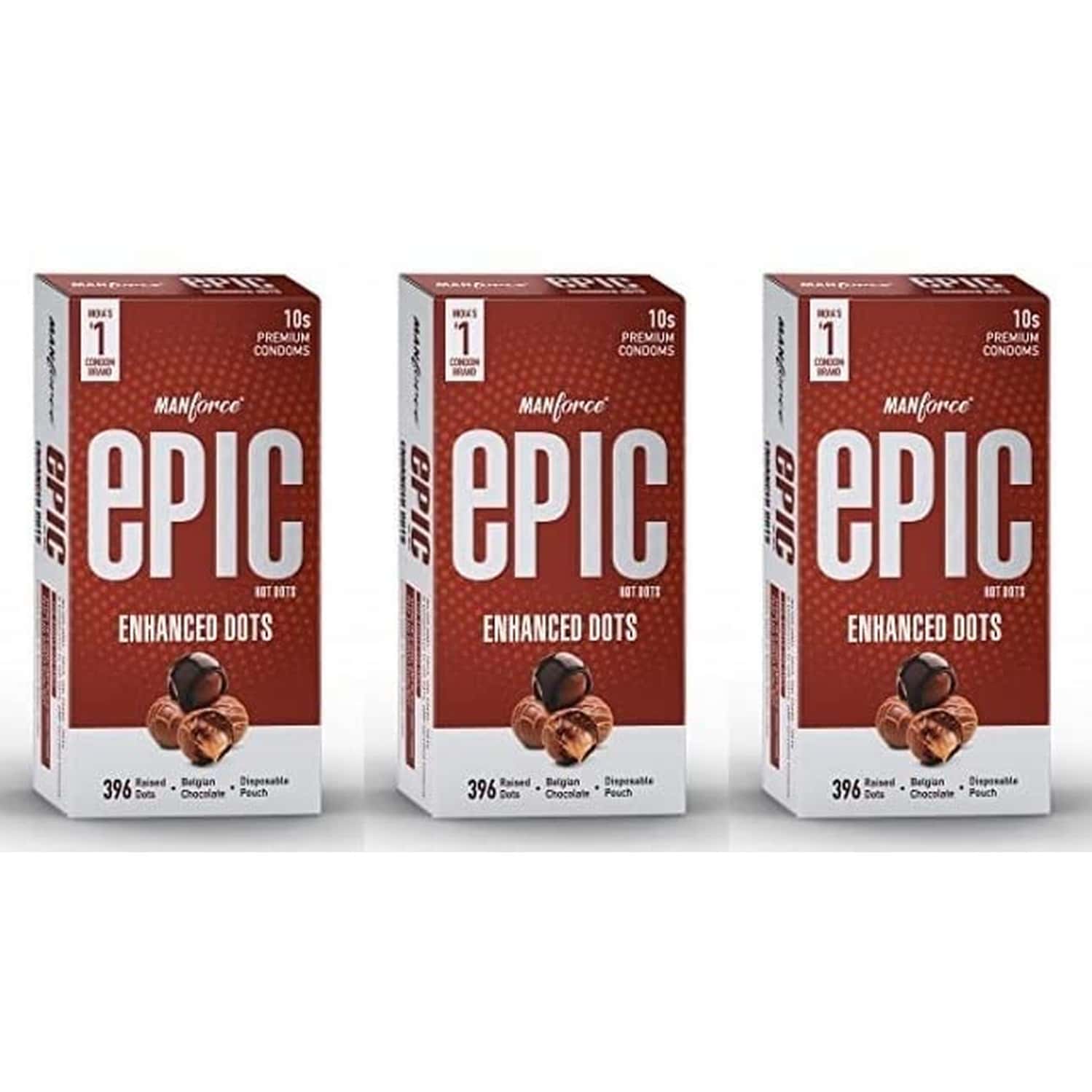 Manforce Epic Hot Dots Enhanced Dotted Condoms For Men Belgian Chocolate Flavour (Set Of 3x10)