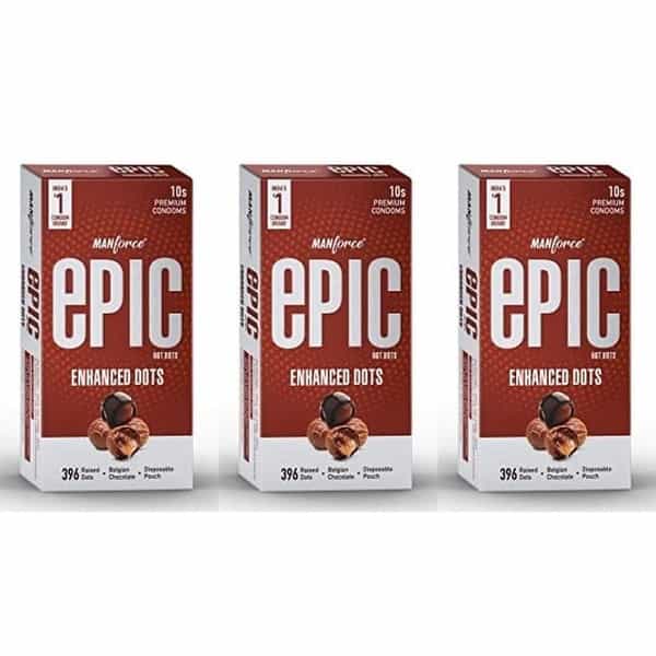Manforce Epic Hot Dots Enhanced Dotted Condoms For Men Belgian Chocolate Flavour (Set Of 3X10)