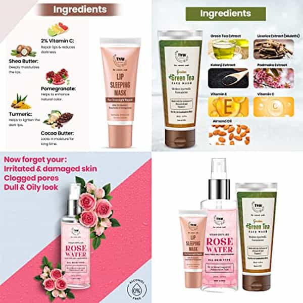 Tnw The Natural Wash Combo With Green Tea Face Wash | Rose Water 200Ml And Lip Sleeping