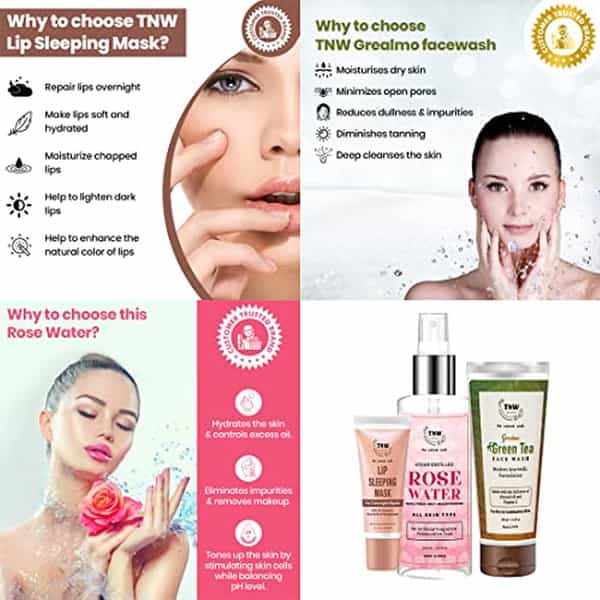 Tnw The Natural Wash Combo With Green Tea Face Wash | Rose Water 200Ml And Lip Sleeping
