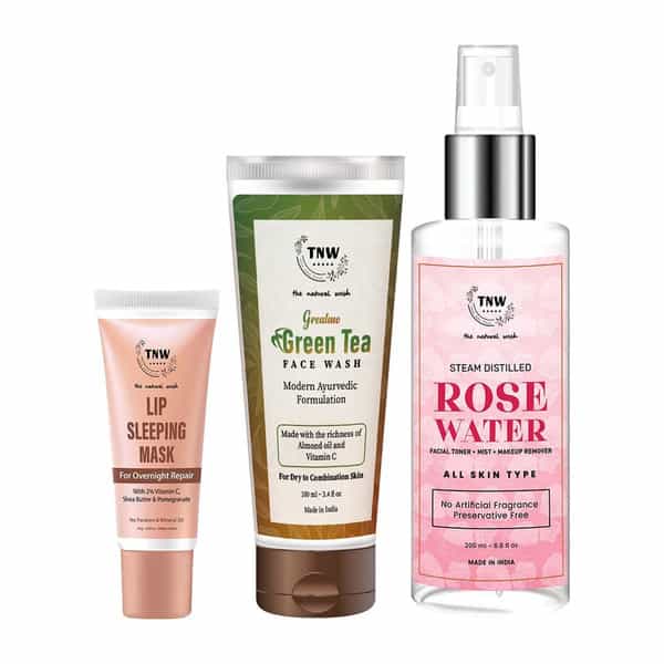Tnw The Natural Wash Combo With Green Tea Face Wash | Rose Water 200Ml And Lip Sleeping