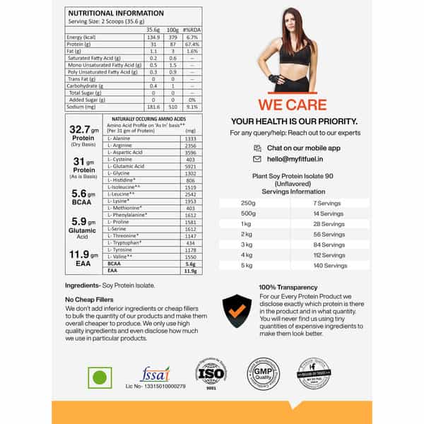 Myfitfuel Plant Soy Protein Isolate 90 | Pure Soy | 500Gm | 14 Servings (Unflavoured)